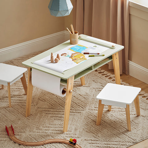 SoBuy | Kindertisch mit 2 Stühlen | Kindersitzgruppe | Maltisch Kinder | Spieltisch | Weiß-Grün | KMB92-GR