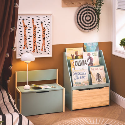 Vorverkauf | SoBuy Kinder Bücherregal mit Spielzeugtruhe | Aufbewahrungsregal Kinderzimmer 80cm | Grün-Natur | KMB95-GR