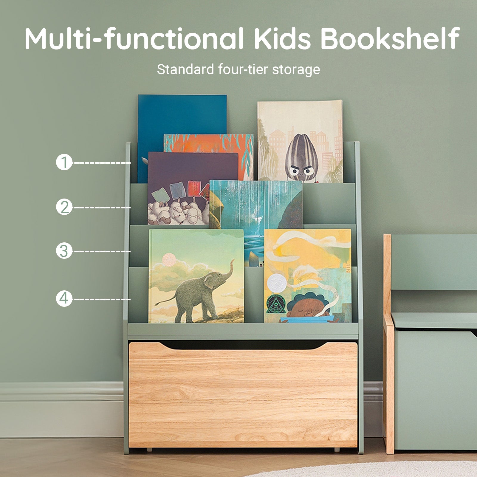 Vorverkauf | SoBuy | Kinder Bücherregal | Spielzeugtruhe | Aufbewahrungsregal Kinderzimmer | Grün-Natur| KMB95-GR