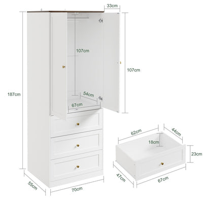 SoBuy | Kleiderständer | Kleiderschrank Weiß Schmal (70cm) Drehtürenschrank mit 3 | White | KSB04-W