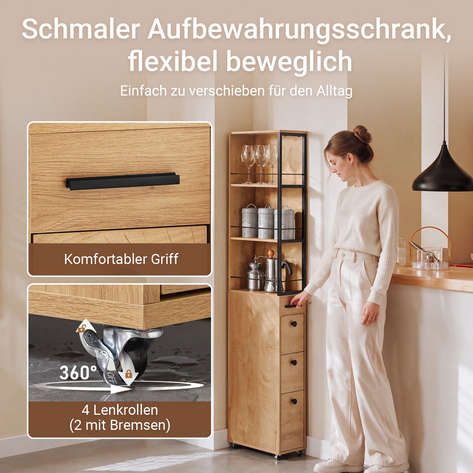 SoBuy | Nischenregal mit 3 Schubladen | mit Rollen | Nischenwagen | schmales Regal | NSR13-N