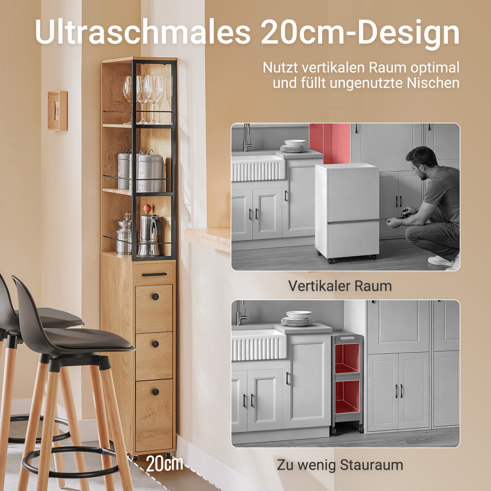 SoBuy | Nischenregal mit 3 Schubladen | mit Rollen | Nischenwagen | schmales Regal | NSR13-N
