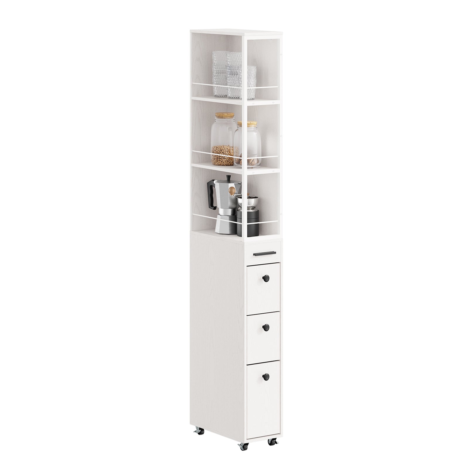 SoBuy Schmaler Schrank mit 4 Schubladen Creme Weiß Rollen 3 offene Böden 40x20x170 cm NSR13-WG