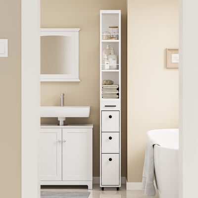 SoBuy Schmaler Schrank mit 4 Schubladen Creme Weiß Rollen 3 offene Böden 40x20x170 cm NSR13-WG