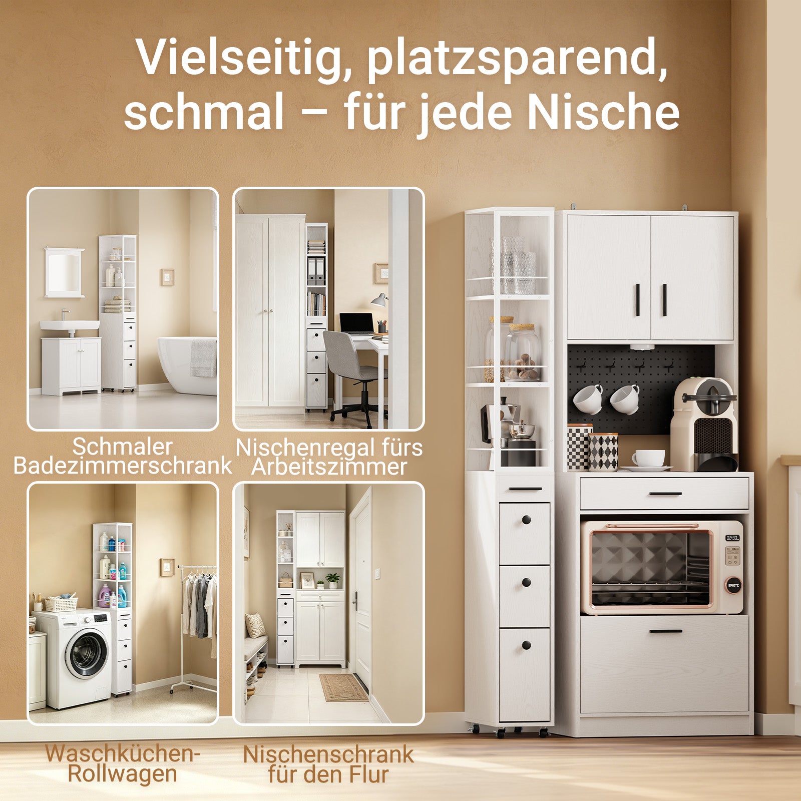 SoBuy Schmaler Schrank mit 4 Schubladen Creme Weiß Rollen 3 offene Böden 40x20x170 cm NSR13-WG