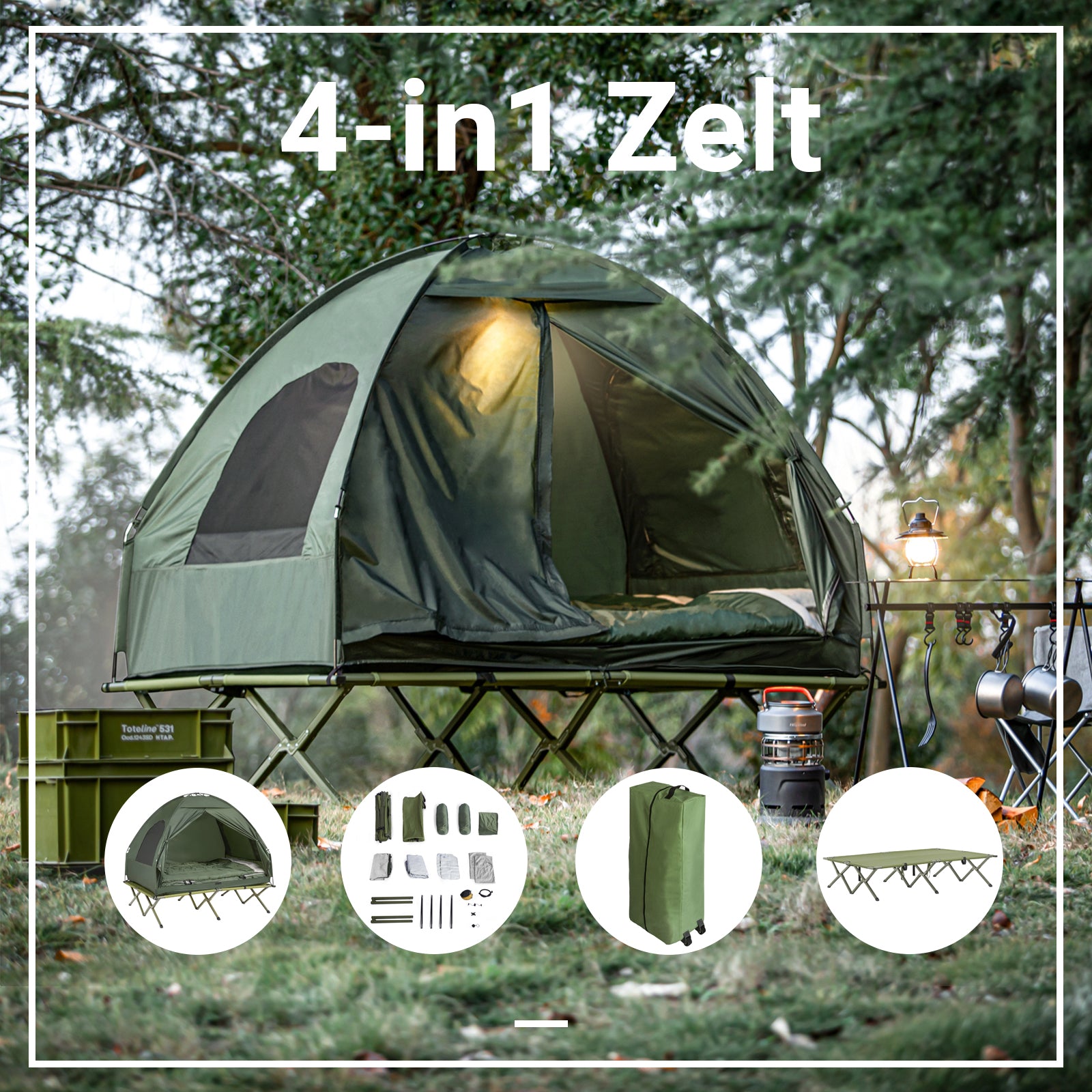 Sobuy SoBuy 4in1-Zelt Für 2 Personen Wurfzelt Feldbett mit Campingliege Grün OGS32-L-GR