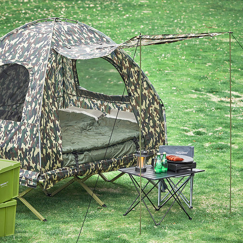 SoBuy | 4in1-Zelt mit Vorzelt | Für 2 Personen | Wurfzelt | Feldbett | mit Campingliege | Tarnfarbe | OGS61-L-TN