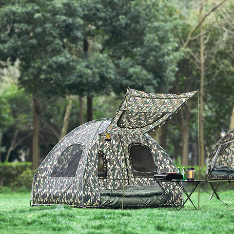 SoBuy | 4in1-Zelt mit Vorzelt | Für 2 Personen | Wurfzelt | Feldbett | mit Campingliege | Tarnfarbe | OGS61-L-TN
