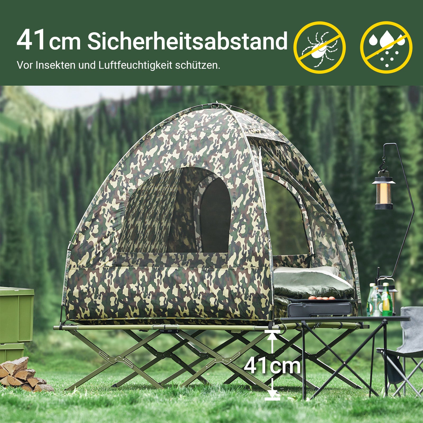 SoBuy | faltbar 4in1-Zelt | Camping Set | Feldbett mit Zelt Schlafsack | 2 Person | Tarnfarbe | OGS32-L-TN