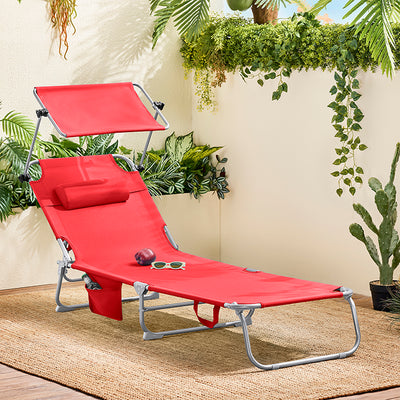SoBuy | Sonnenliege mit Sonnendach | Relaxstuhl für Gärten, Höfe, Strände | Rot | OGS48-R