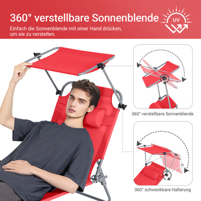 SoBuy | Sonnenliege mit Sonnendach | Relaxstuhl für Gärten, Höfe, Strände | Rot | OGS48-R