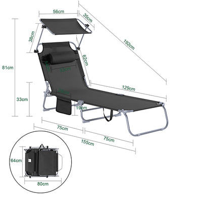 SoBuy | Sonnenliege mit Sonnendach | Relaxstuhl für Gärten, Höfe, Strände | Schwarz | OGS48-SCH