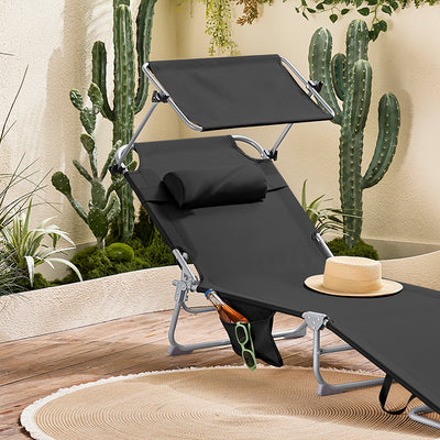 SoBuy | Sonnenliege mit Sonnendach | Relaxstuhl für Gärten, Höfe, Strände | Schwarz | OGS48-SCH