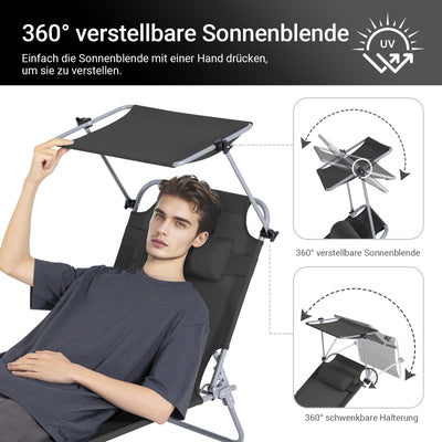 SoBuy | Sonnenliege mit Sonnendach | Relaxstuhl für Gärten, Höfe, Strände | Schwarz | OGS48-SCH