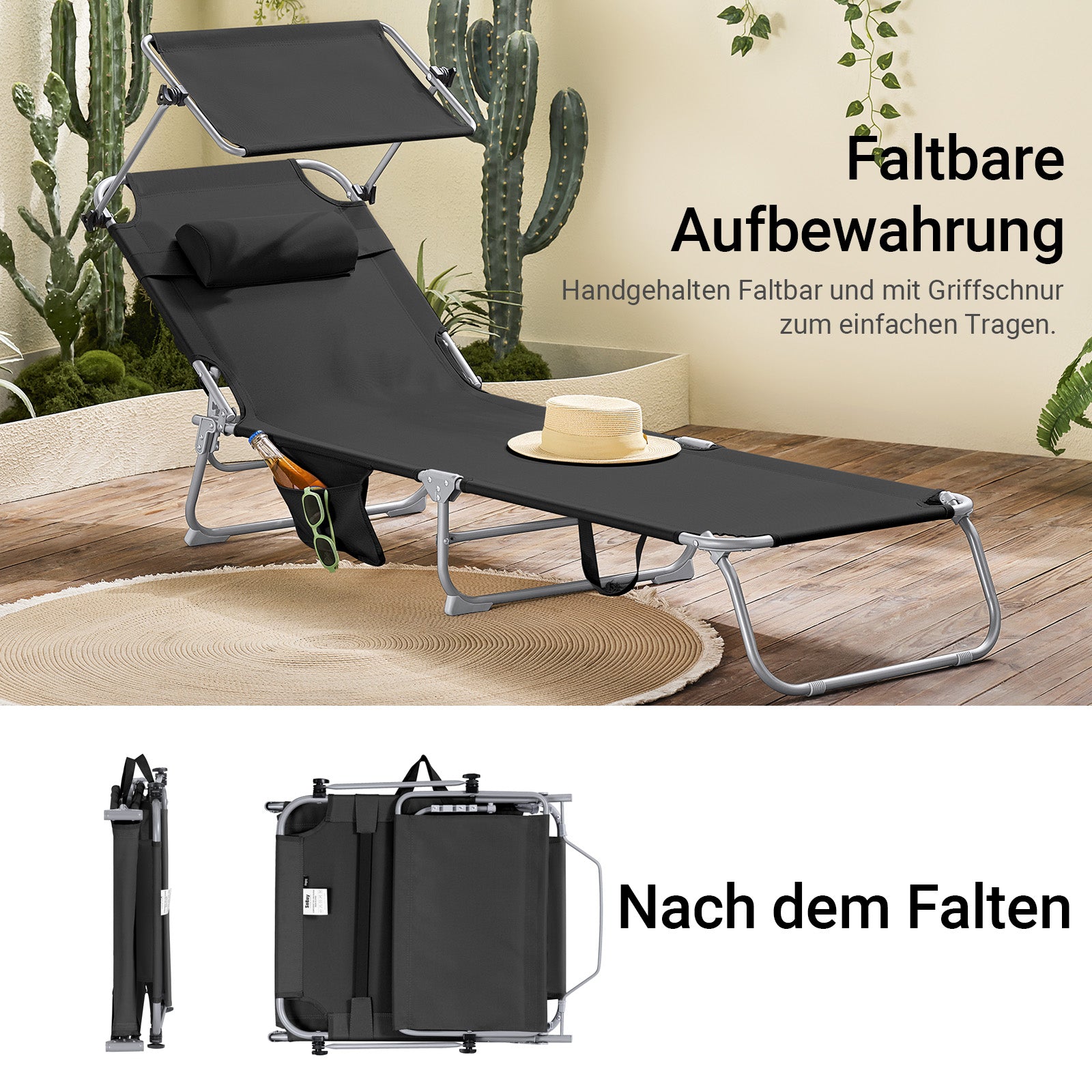 Vorverkauf | SoBuy | Sonnenliege mit Sonnendach | Relaxstuhl für Gärten, Höfe, Strände | Schwarz | OGS48-SCH