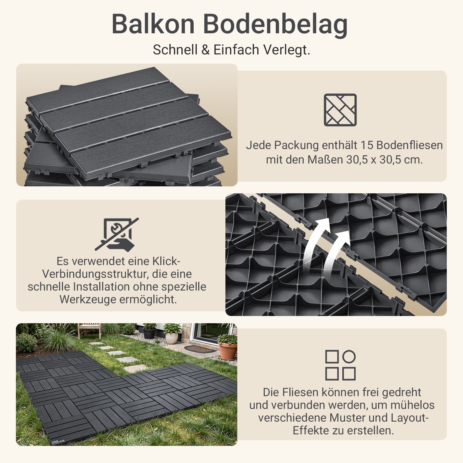 SoBuy Balkonfliesen 15 Stück Klickfliesen für Balkon & Terrasse | Wetterfest | Grau 30,5×2×30,5 cm SDA14-HG