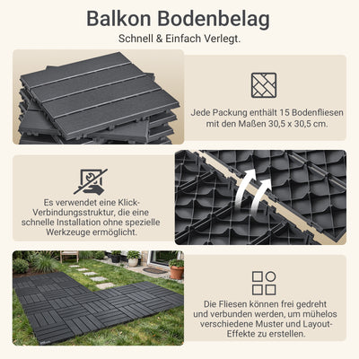SoBuy Balkonfliesen 15 Stück Klickfliesen für Balkon & Terrasse | Wetterfest | Grau 30,5×2×30,5 cm SDA14-HG