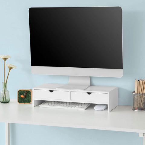 SoBuy | Monitorerhöhung | Monitorständer mit Schubladen | Weiß | BBF02-W
