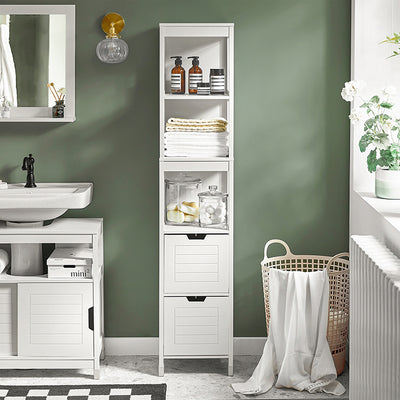SoBuy Badschrank Weiß schmal 144cm hoch Aufbewahrungssäule 2 Körbe & 3 Fächer FRG126-W –