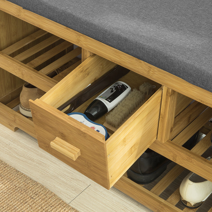 SoBuy | Sitzbank mit Sitzfläche | Schuhbank mit 2 Ablagen und Schublade | Bambus | FSR75-N