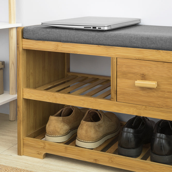 SoBuy | Sitzbank mit Sitzfläche | Schuhbank mit 2 Ablagen und Schublade | Bambus | FSR75-N